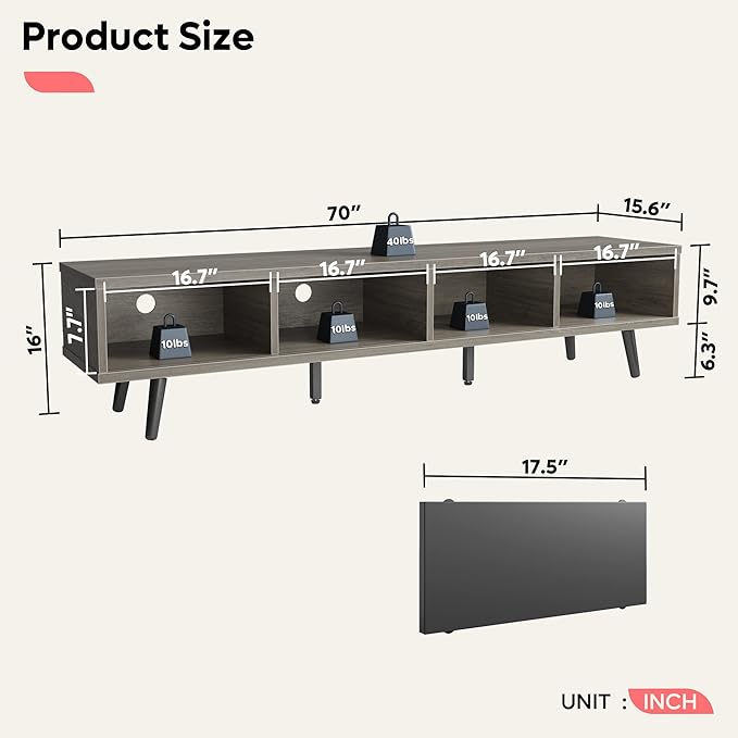 Bestier 70 inch Mid Century Modern TV Stand for 75 inch TV, Low Profile TV Stand with Storage, Entertainment Center for Living Room, Cord Management, Gray Wash - LeafyLoom