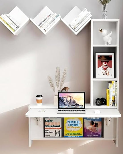 Folding Wall Mounted Drop Leaf Table, Foldable Desk with Moveable Cabinets, Floating Laptop with Convertible Storage Shelves, Multifunctional Computer Workstation in Home for Space Saving - LeafyLoom