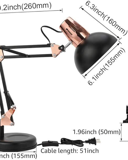 Metal Swing Arm Desk Lamps, Adjustable and Flexible, Feading with Base and Clip 2-in-1 Function, Fit E26&E27 Bulbs Base, Application in Bedroom Living Room, Office Home (Black+Rose Gold) - LeafyLoom