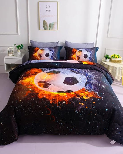 Wajade Football Soccer Comforter Set Bed in A Bag Queen Size 3D Galaxy Soccer Ball Sports Bedding Set for Boys Kids (1 Comforter, 1 Flat Sheet, 1 Fitted Sheet, 2 Pillowcase and 2 Pillow Sham) - LeafyLoom