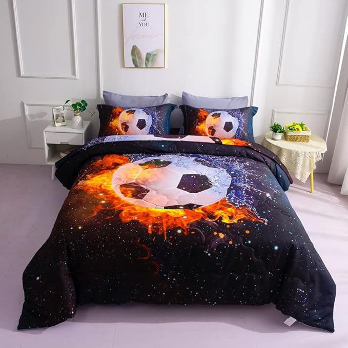 Wajade Football Soccer Comforter Set Bed in A Bag Queen Size 3D Galaxy Soccer Ball Sports Bedding Set for Boys Kids (1 Comforter, 1 Flat Sheet, 1 Fitted Sheet, 2 Pillowcase and 2 Pillow Sham) - LeafyLoom
