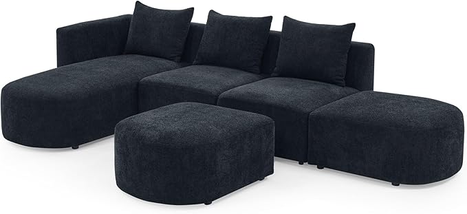 113" L-Shape Sectional Side Chaise and Ottoman, Modular Sofa, DIY Combination, Loop Yarn Fabric for Living Room, Apartment, 113inch, Black Right - LeafyLoom