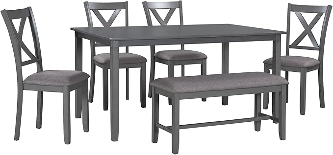 6 Piece Set Wooden Rectangular Dining Table, 4 Fabric Chairs, and Bench Family Furniture, for Playroom, Living Room, Home Bar, and Kitchen, Dark Gray Wood - LeafyLoom