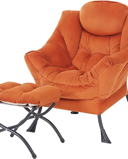 Lazy Chair with Ottoman, Modern Accent Chair Contemporary Lounge Leisure Upholstered Sofa Chair Set with Armrests, Reading Chair for Living Room, Bedroom, Office, Orange - LeafyLoom