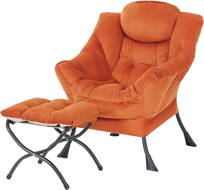 Lazy Chair with Ottoman, Modern Accent Chair Contemporary Lounge Leisure Upholstered Sofa Chair Set with Armrests, Reading Chair for Living Room, Bedroom, Office, Orange - LeafyLoom