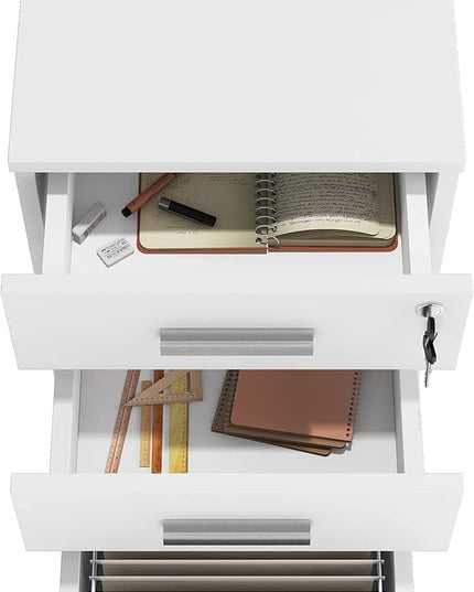 Lazio 26 Inch File Cabinet with Lock - Filing Cabinet for Home and Office - 3 Drawer File Cabinet with Wheels for A4 Sized Letters/Documents, Legal Sized Documents, Hanging File Folders - White/White - LeafyLoom