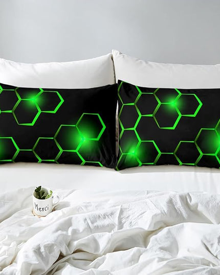 Honeycomb Kids Comforter Set Modern Geometry Hexagon Bedding Set for Boys Teens Decor Geometrical Comforter Beehive Geometric Black Green Duvet Set King Size with 3 Pillow Case Boys - LeafyLoom