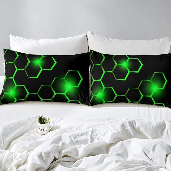 Honeycomb Kids Comforter Set Modern Geometry Hexagon Bedding Set for Boys Teens Decor Geometrical Comforter Beehive Geometric Black Green Duvet Set King Size with 3 Pillow Case Boys - LeafyLoom