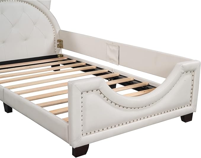 Twin Size Upholstered Daybed, Wooden Low Platform Bed Frame with Carton Ears Shaped Headboard, Rails for Kids Girls Boys, White - LeafyLoom