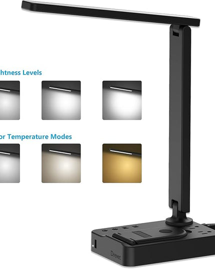 Drevet LED Desk Lamp with Wireless Charger, Desk Table Light with USB Charging Port and 2 Outlets, 3 Lighting Modes, 3 Level Brightness, 1H Timer, Touch Control, Eye-Caring Home Office Foldable Lamp - LeafyLoom