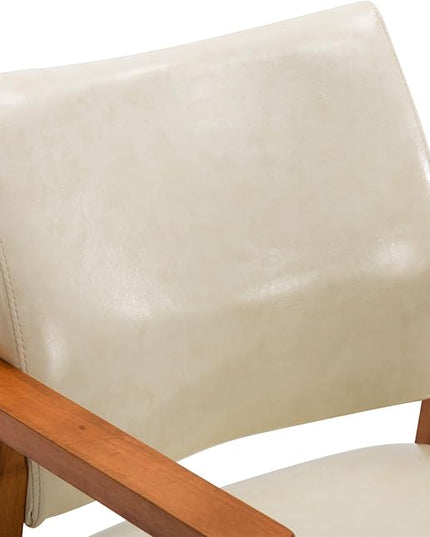 NOB Mid-Century Dining Side Chair with Faux Leather Seat in Beige, handrail Chair - LeafyLoom