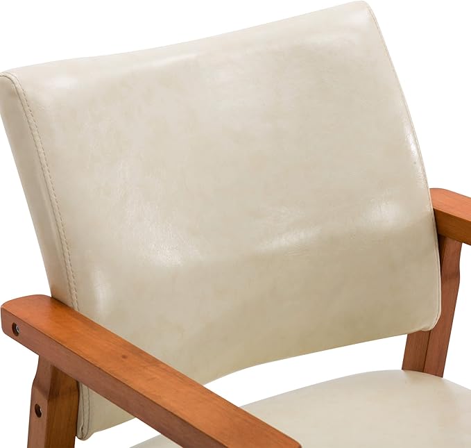 NOB Mid-Century Dining Side Chair with Faux Leather Seat in Beige, handrail Chair - LeafyLoom
