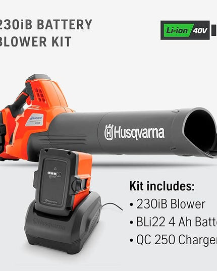 Husqvarna 230iB Battery Powered Cordless Leaf Blower, 136-MPH 650-CFM Electric Leaf Blower with Brushless Motor and Quiet Operation, Battery and Charger Not Included - LeafyLoom