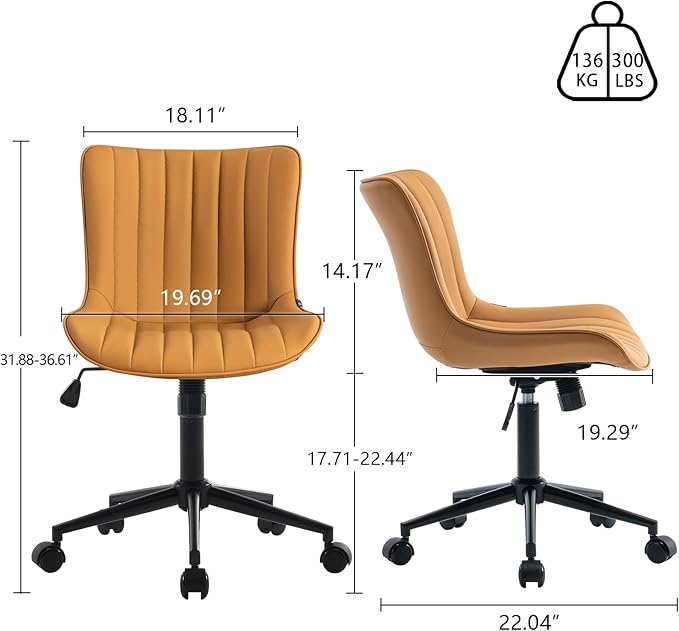 YOUNIKE Armless Office Chair with Wheels Swivel Desk Chair Upholstered Leather Computer Task Chair Height Adjustable Modern Rolling Chair with Backrest Tan - LeafyLoom