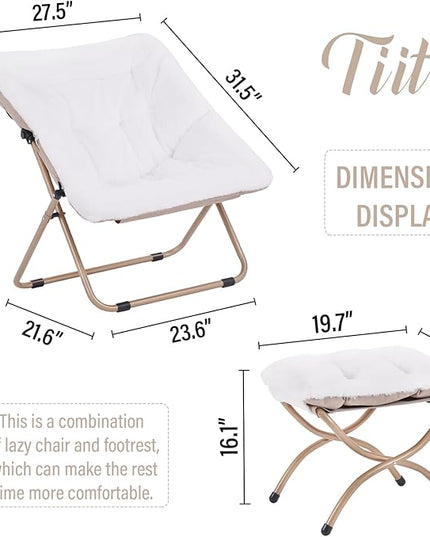 Tiita Saucer Chair with Ottoman, Soft Faux Fur Oversized Folding Accent Chair,Lounge Lazy Chair, Metal Frame Moon Chair for Bedroom, Living Room, Dorm Rooms, Garden and Courtyard - LeafyLoom