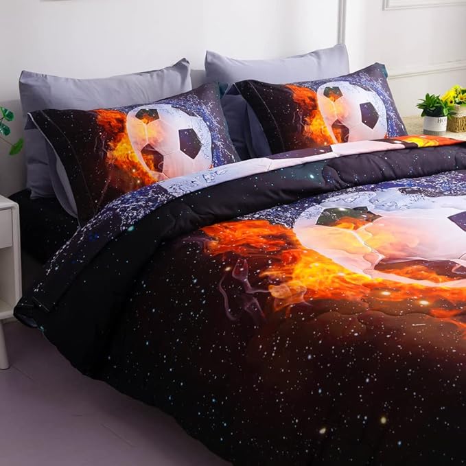 Wajade Football Soccer Comforter Set Bed in A Bag Full Size 3D Galaxy Soccer Ball Sports Bedding Set for Boys Kids (1 Comforter, 1 Flat Sheet, 1 Fitted Sheet, 2 Pillowcase and 2 Pillow Sham) - LeafyLoom