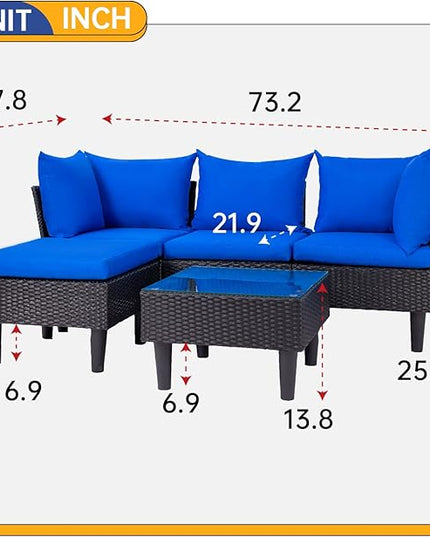 FDW 5 Pieces Patio Furniture Sets Outdoor Sectional Sofa Wicker Chair Rattan Conversation Set for Outdoor Backyard Porch Poolside Balcony Garden Furniture with Coffee Table,Blue Cushion - LeafyLoom