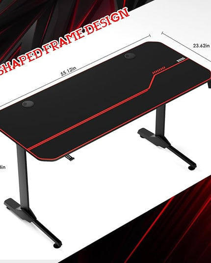 55'' Gaming Desk, Multi-Use Home Office T-Shaped Computer Workstation, Carbon Fiber Surface PC Study Table, Full Cover Mousepad, Drink Holder, Wire Holes, Headphone Hook, Cable Tray, Red - LeafyLoom