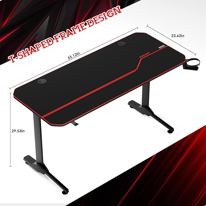 55'' Gaming Desk, Multi-Use Home Office T-Shaped Computer Workstation, Carbon Fiber Surface PC Study Table, Full Cover Mousepad, Drink Holder, Wire Holes, Headphone Hook, Cable Tray, Red - LeafyLoom