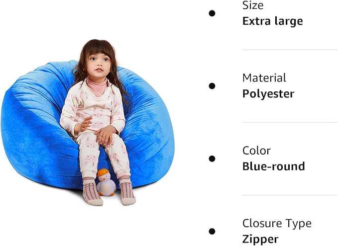 Bean Bag Chair Cover, Stuffed Animal Storage, Plush Toys Organizer Holder, Beanbag Chairs Cover for Kids Teans and Adults Super Soft and Comfortable Fabric X-Large with Handle and Zipper -Round Blue - LeafyLoom