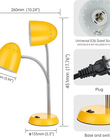 Eye-Caring Table Lamp of Simple Designs Home E26 Led Screw Basic Metal Desk Lamp with Flexible Gooseneck Hose Neck Study Lamp for Bedroom Office Living Room Convenient On/Off Switch(Yellow) - LeafyLoom