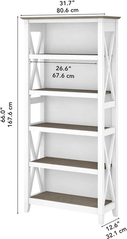 Bush Furniture BSH24470221 Key West 5-Shelf 66-Inch H Bookcase, Shiplap Gray/Pure White - LeafyLoom