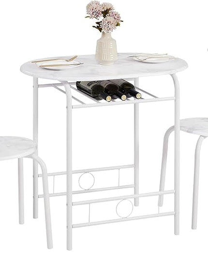 VECELO 3-Piece Dining Table Set for Kitchen Breakfast Nook, Faux Marbled Oval Tabletop and Metal Frame with Built-in Wine Rack, for Small Spaces, 31.5", White - LeafyLoom