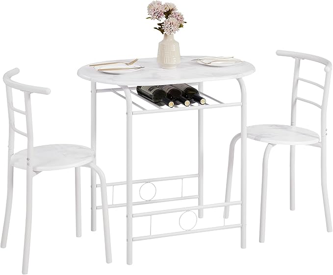VECELO 3-Piece Dining Table Set for Kitchen Breakfast Nook, Faux Marbled Oval Tabletop and Metal Frame with Built-in Wine Rack, for Small Spaces, 31.5", White - LeafyLoom