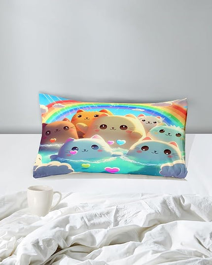 Cat Comforter Set - Cartoon Cat Twin Bedding Set for Girls Cute Cat Rainbow Printed Kids Bedding Set for Girls Kids Teens All Season Kawaii Cat Twin Quilt Set, 1 Comforter+1 Pillowcase - LeafyLoom