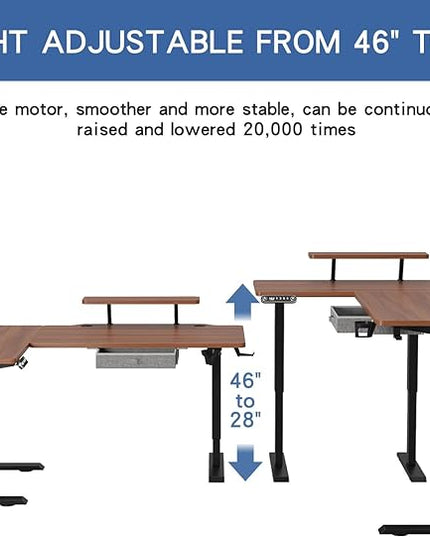 62x47 Inches L Shaped Electric Standing Desk with Drawer, Adjustable Height Sit Stand Up Desk with Storage Shelf, Dark Walnut Top/Black Frame - LeafyLoom