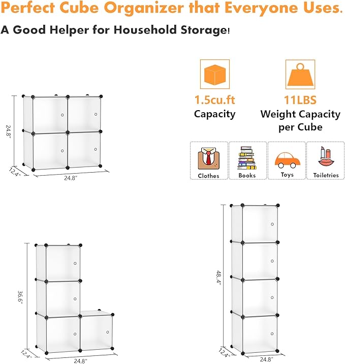 C&AHOME Cube Storage Organizer with Doors, 4-Cube Shelves, Closet Cabinet, DIY Plastic Modular Bookshelf Ideal for Bedroom, Living Room, 24.8" L x 12.4" W x 24.8" H White USHS04W-DOOR - LeafyLoom