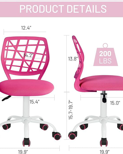 FurnitureR Kids Desk Chair, Armless Small Office Chair Adjsutable Swivel Task Chair with Soft Cushion for Study Kids Teens Child, Pink - LeafyLoom