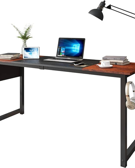 63 Inch Home Office Computer Two-Color Panel Desk with Storage Bag and Hook, Black, Sandalwood Color, Industrial Modern Laptop Desk - LeafyLoom