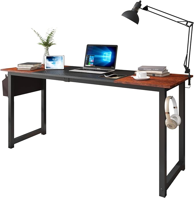 63 Inch Home Office Computer Two-Color Panel Desk with Storage Bag and Hook, Black, Sandalwood Color, Industrial Modern Laptop Desk - LeafyLoom