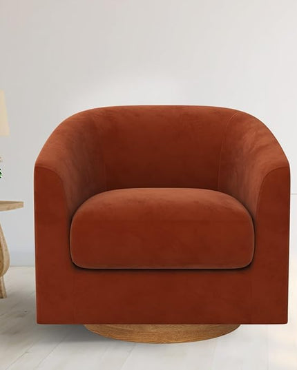 MUUEGM Accent Chair with Arms, 360 Degree Swivel Accent Chair with Wood Base, Modern Barrel Chair for Living Room, Bedroom, Waiting Room, Fully Assembled,Performance Fabric in Mature Brown - LeafyLoom