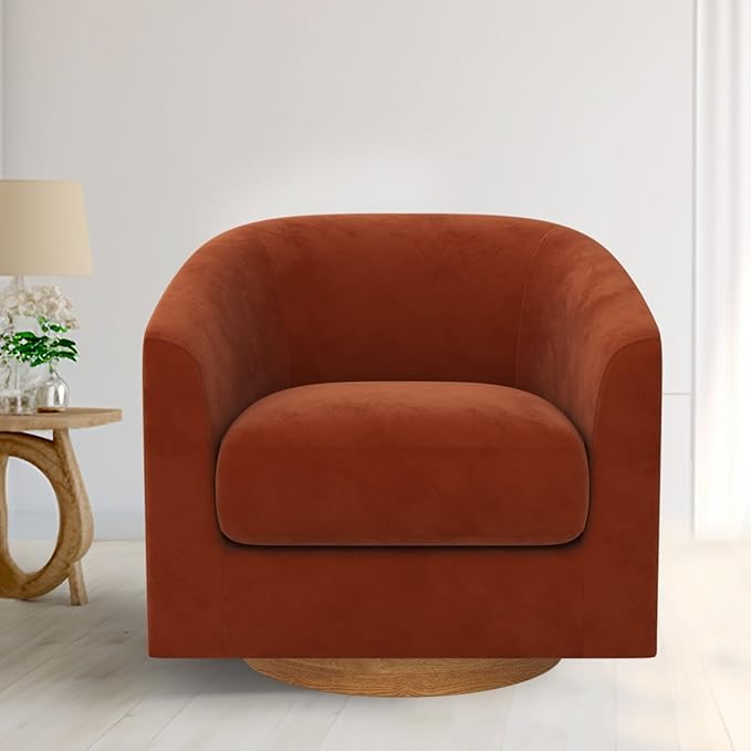 MUUEGM Accent Chair with Arms, 360 Degree Swivel Accent Chair with Wood Base, Modern Barrel Chair for Living Room, Bedroom, Waiting Room, Fully Assembled,Performance Fabric in Mature Brown - LeafyLoom