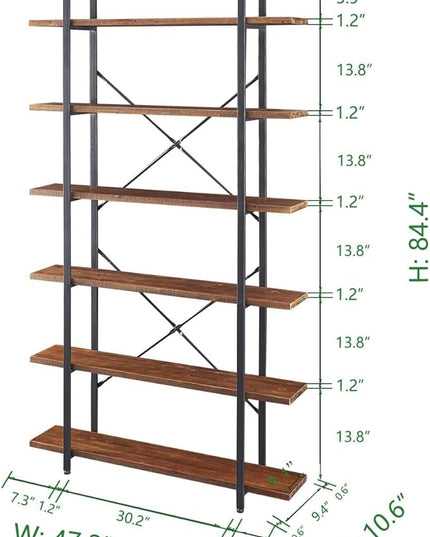 HSH Solid Wood Bookshelf, 6 Tier Tall Industrial Etagere Bookcase and Storage Shelves Heavy Duty, Rustic Large Open Vertical Metal Natural Real Wood Book Shelf for Bedroom Living Room Distressed Brown - LeafyLoom