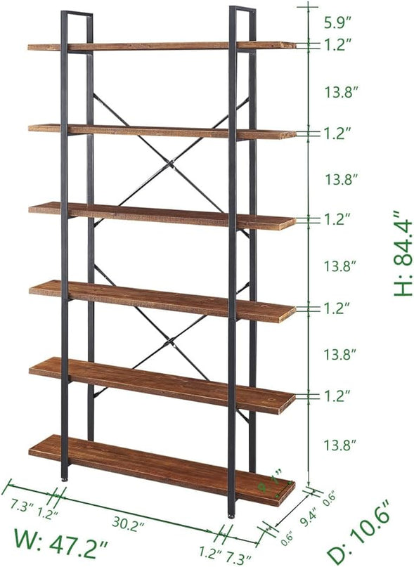 HSH Solid Wood Bookshelf, 6 Tier Tall Industrial Etagere Bookcase and Storage Shelves Heavy Duty, Rustic Large Open Vertical Metal Natural Real Wood Book Shelf for Bedroom Living Room Distressed Brown - LeafyLoom