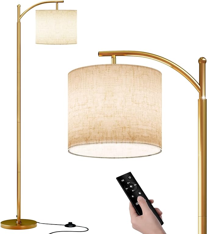 SUNMORY Arc Floor Lamp, Modern Floor Lamp with Romote Control and Stepless Dimmable Bulb, Metal Standing Lamps with Hanging Lampshade for Living Room, Bedroom, Office (Gold) - LeafyLoom