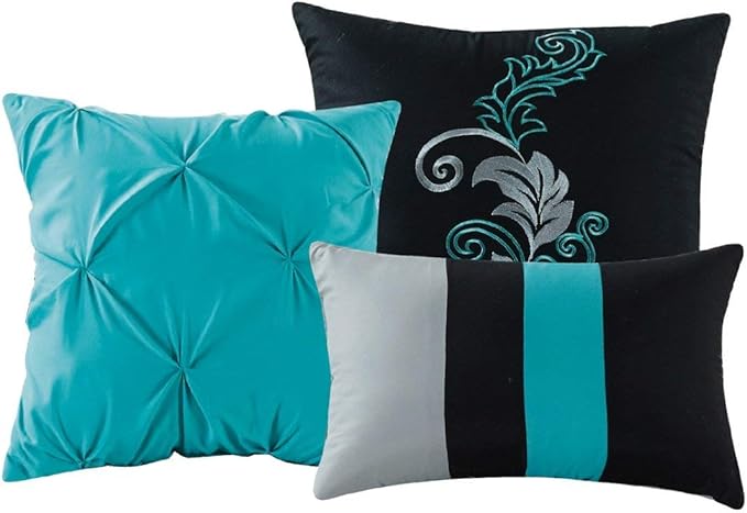 Chezmoi Collection Napa 7-Piece Luxury Leaves Scroll Embroidery Bedding Comforter Set (Oversized King, Teal Blue/Gray/Black) - LeafyLoom