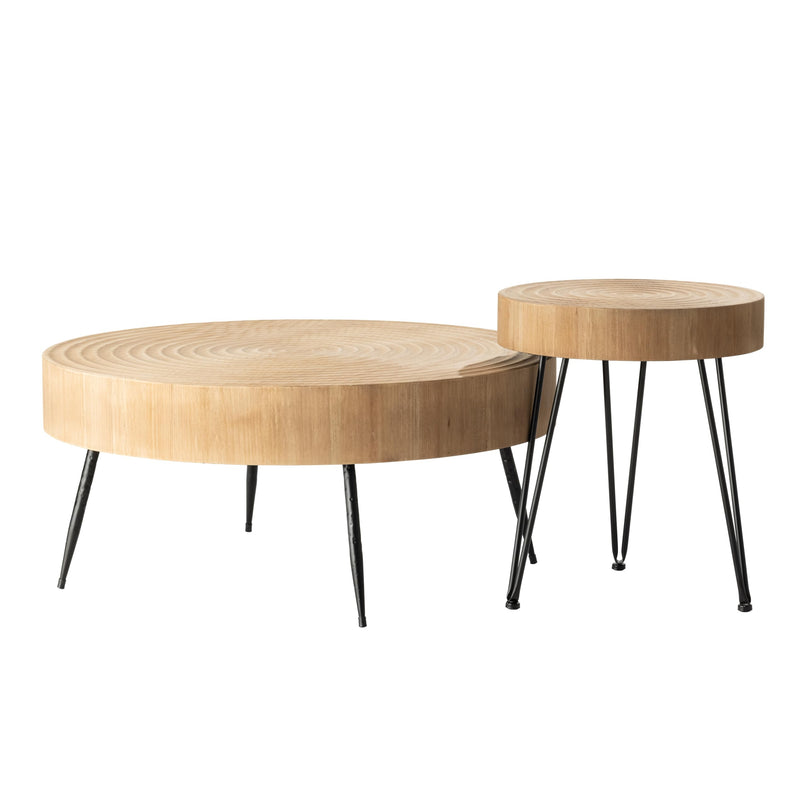 2-Piece Modern Farmhouse Living Room Coffee Table Set, Nesting Table Round Natural Finish with Handcrafted Wood Ring Motif, Wood Colour LeafyLoom