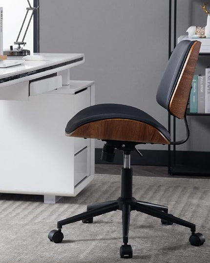 Armless Home Office Chair Modern Walnut Chair with Wheels Mid Back Swivel Computer Chair No arm Adjustable Height Leather Desk Chair for Reading,Meeting Room (Pure Black) - LeafyLoom
