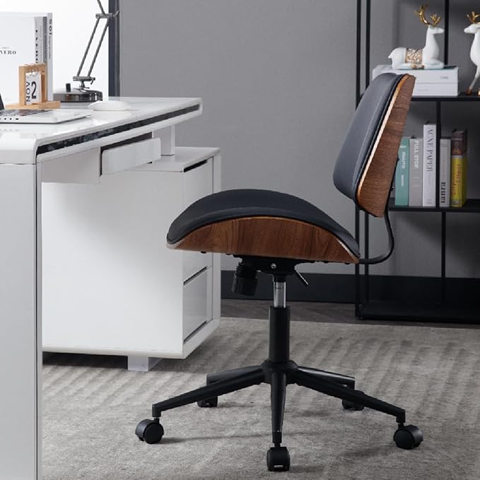 Armless Home Office Chair Modern Walnut Chair with Wheels Mid Back Swivel Computer Chair No arm Adjustable Height Leather Desk Chair for Reading,Meeting Room (Pure Black) - LeafyLoom