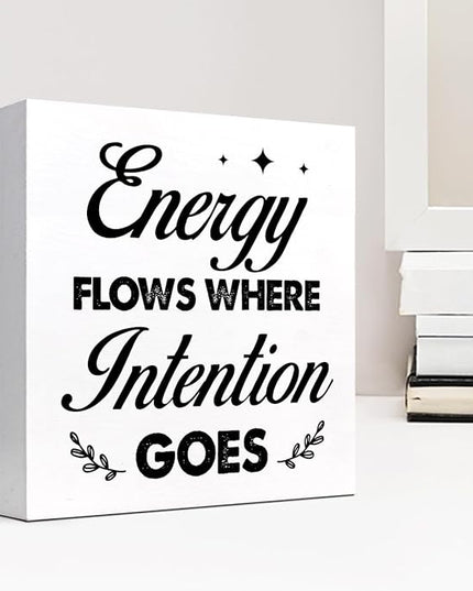 Energy Flows Where Intention Goes Wood Block Sign Desk Decor,Inspirational Wooden Box Plaque Sign Desk Decor for Home Office Cubicle Shelf Table Decor Decorations - LeafyLoom