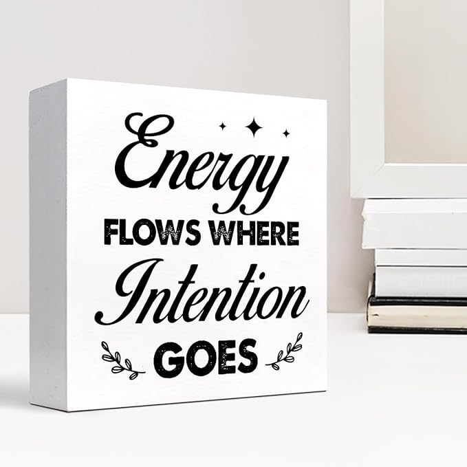 Energy Flows Where Intention Goes Wood Block Sign Desk Decor,Inspirational Wooden Box Plaque Sign Desk Decor for Home Office Cubicle Shelf Table Decor Decorations - LeafyLoom