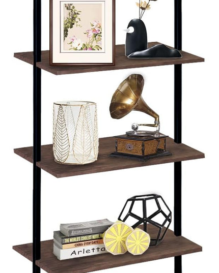 5 Tiers Ladder Shelf Brown Modern Bookshelf Open Tall Wall Mount Bookcase Standing Leaning Wall Shelves Industrial Decorative Living Room Bed Room - LeafyLoom