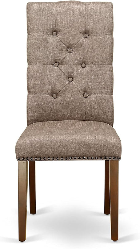 East West Furniture HBEL3-MAH-16 Hartland 3 Piece Room Furniture Set Contains a Round Dining Table with Pedestal and 2 Dark Khaki Linen Fabric Upholstered Chairs, 42x42 Inch - LeafyLoom