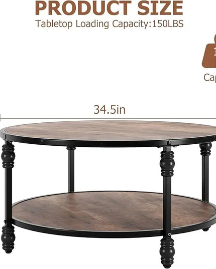 GAOMON Round Coffee Table Living Room 34.25in Rustic Circle Center Table with Storage Shelf 2-Tier Modern Wood Coffee Table, Easy Assembly(Brown) - LeafyLoom