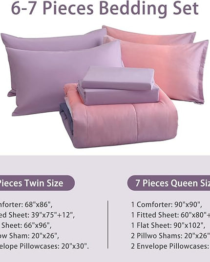 Dinjoy Girls Comforter Set Twin XL Size Rainbow Ombre Pink Purple Light Blue Bedding Set Gradient 6 Pieces Bed in A Bag for Kids Teen Women(1 Comforter, 1 Flat Sheet, 1 Fitted Sheet) - LeafyLoom