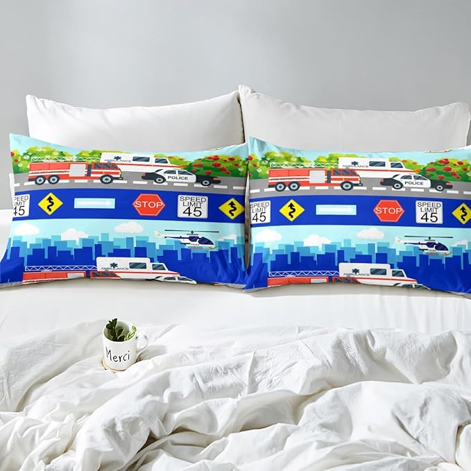 Kids Fire Trucks Car Comforter Set Queen Size Cartoon Police Car Down Comforter Airplane Rescue Vehicles Beding Set Boys Girls Car Room Decor Soft Lightweight Duvet Set, Colorful Comforter - LeafyLoom